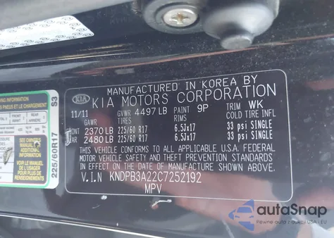 2012 Kia Sportage Lx z USA, uszkodzony, nr VIN KNDPB3A22C7252192